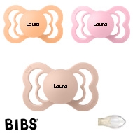 BIBS Supreme Sutter med navn, 1 Baby Pink, 1 Blush, 1 Peach Sunset, Symmetrisk Silikone str.2 Pakke med 3 sutter